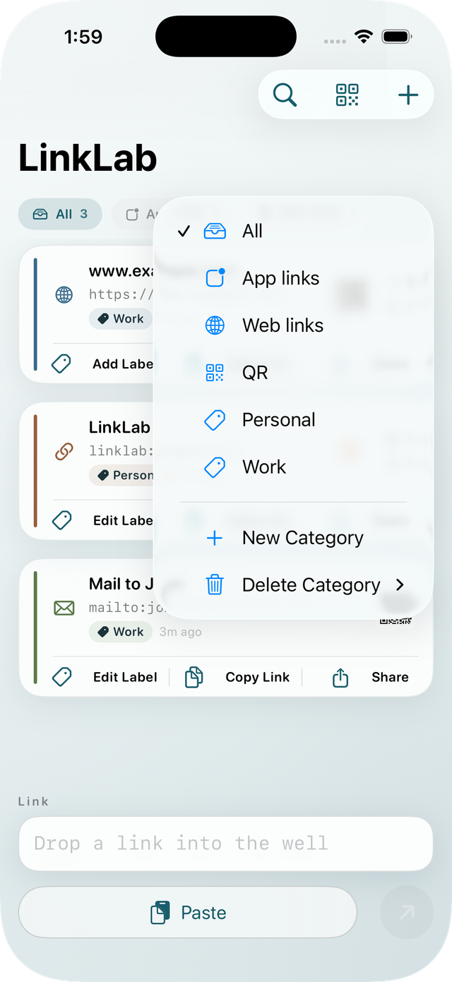 LinkLab's category menu, filtering saved links down to one category