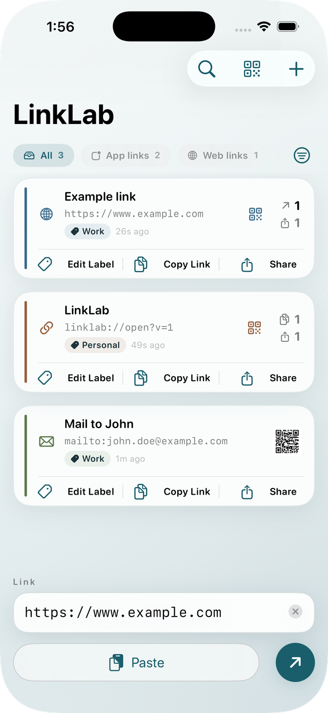 LinkLab's saved links list, each entry showing its category, ready to open, copy, or share