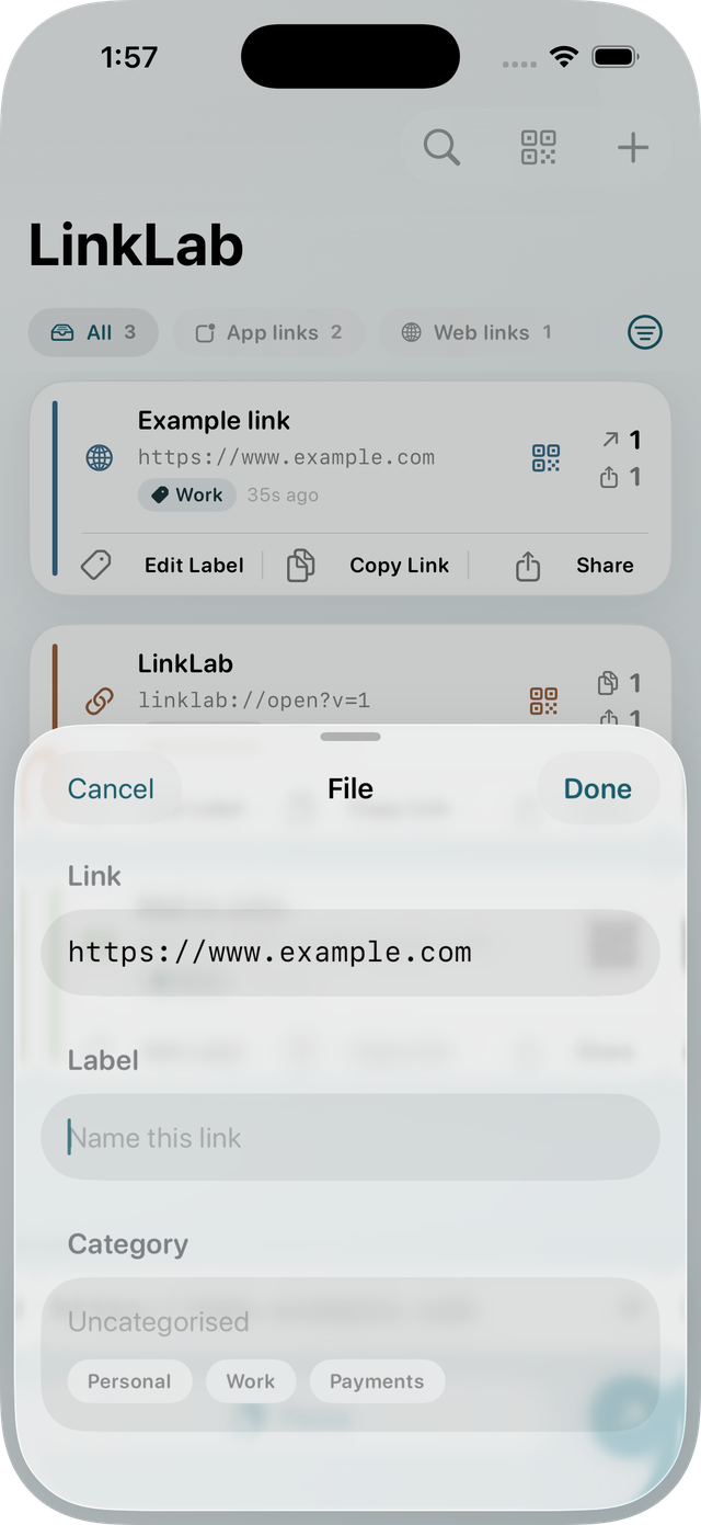 LinkLab's save sheet, with fields for the link, a label, and a category