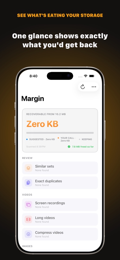 Margin on iPhone, light mode: the home screen showing recoverable storage and review categories.