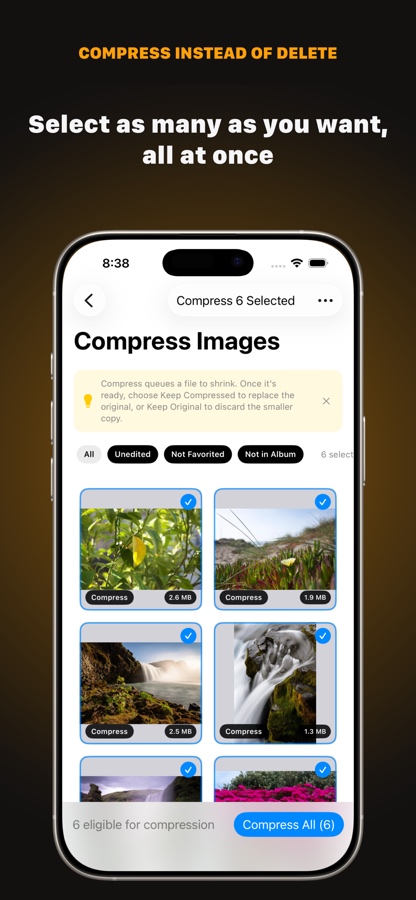 Compress Images grid: several large photos selected for compression, with Compress All as the primary action.