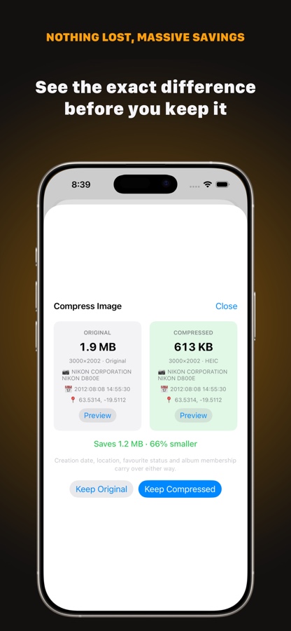 Compress Image detail: original 1.9 MB versus compressed 613 KB, saving 66%, with Keep Original or Keep Compressed.