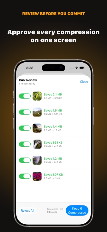 Bulk Review: six compressed images with their savings, approved together with one Keep Compressed action.
