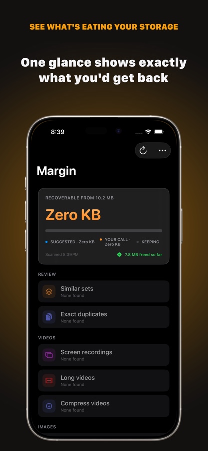 Margin on iPhone, dark mode: the same home screen.