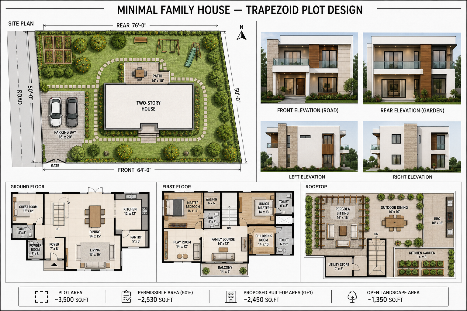 Minimal Family House reference board: trapezoid site plan, elevations, ground floor, first floor, and rooftop plans