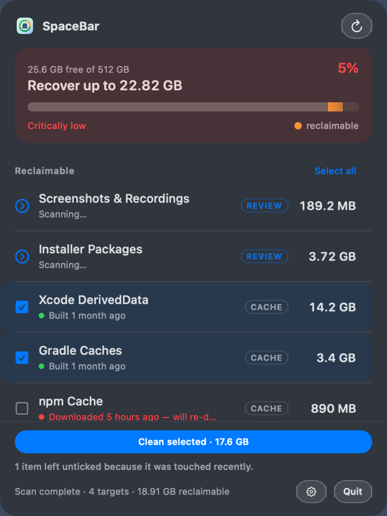 SpaceBar panel when free space is critical