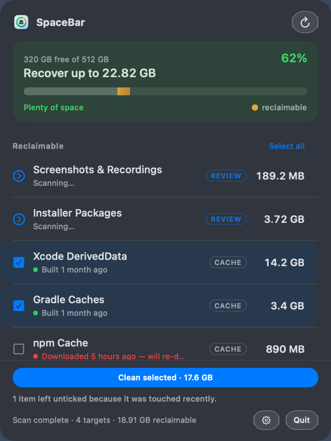 SpaceBar panel showing free space and gigabytes ready to reclaim from developer caches
