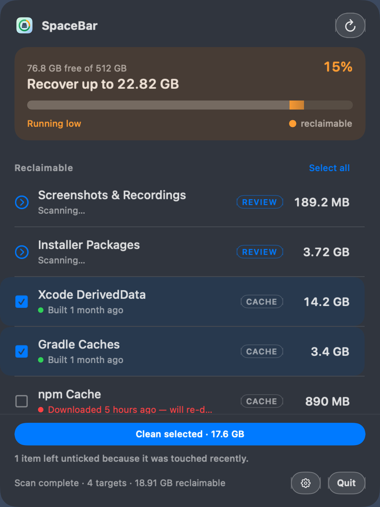SpaceBar panel when free space is low