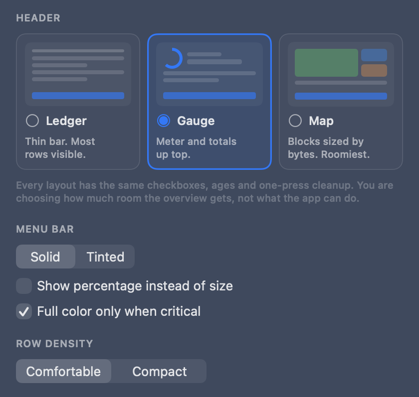 SpaceBar appearance settings with layout picker, pill style, and row density