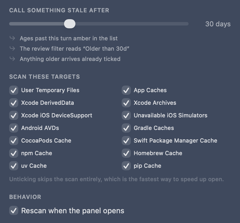 SpaceBar scanning settings with stale duration and per-target toggles