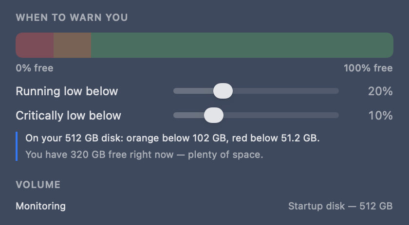 SpaceBar threshold settings showing warning and critical levels in GB